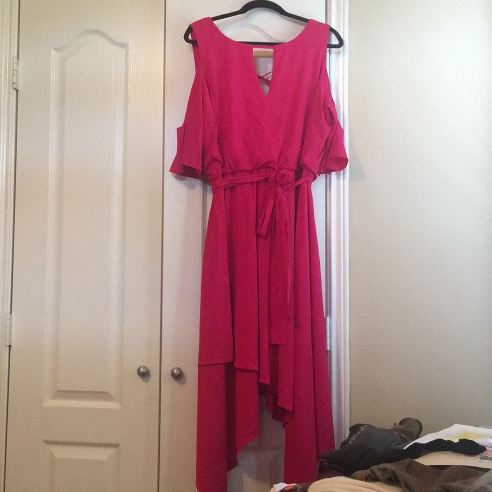 Pink cold shoulder dress with shark bite hem